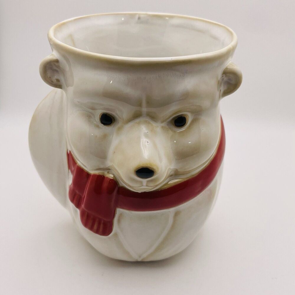Christmas Bear Hand Warming Mug Giftcraft Ceramic Holiday Red Scarf White Bear
